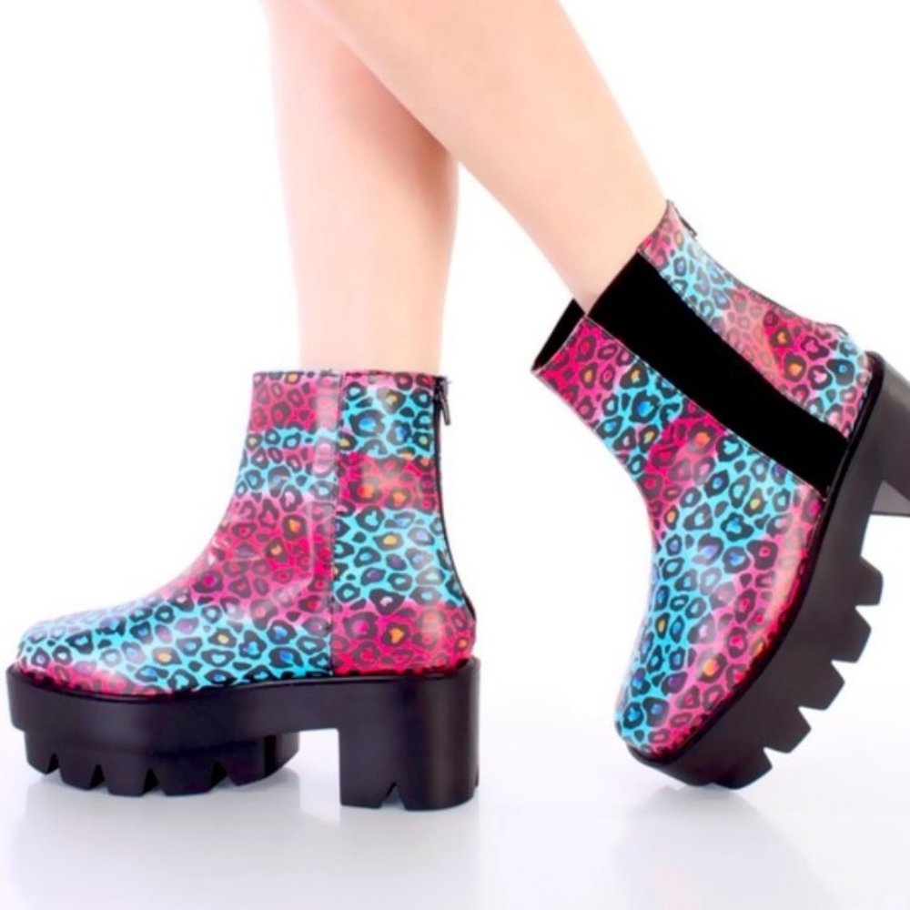 Blue Fuchsia Leopard Traction Sole Platform Booties